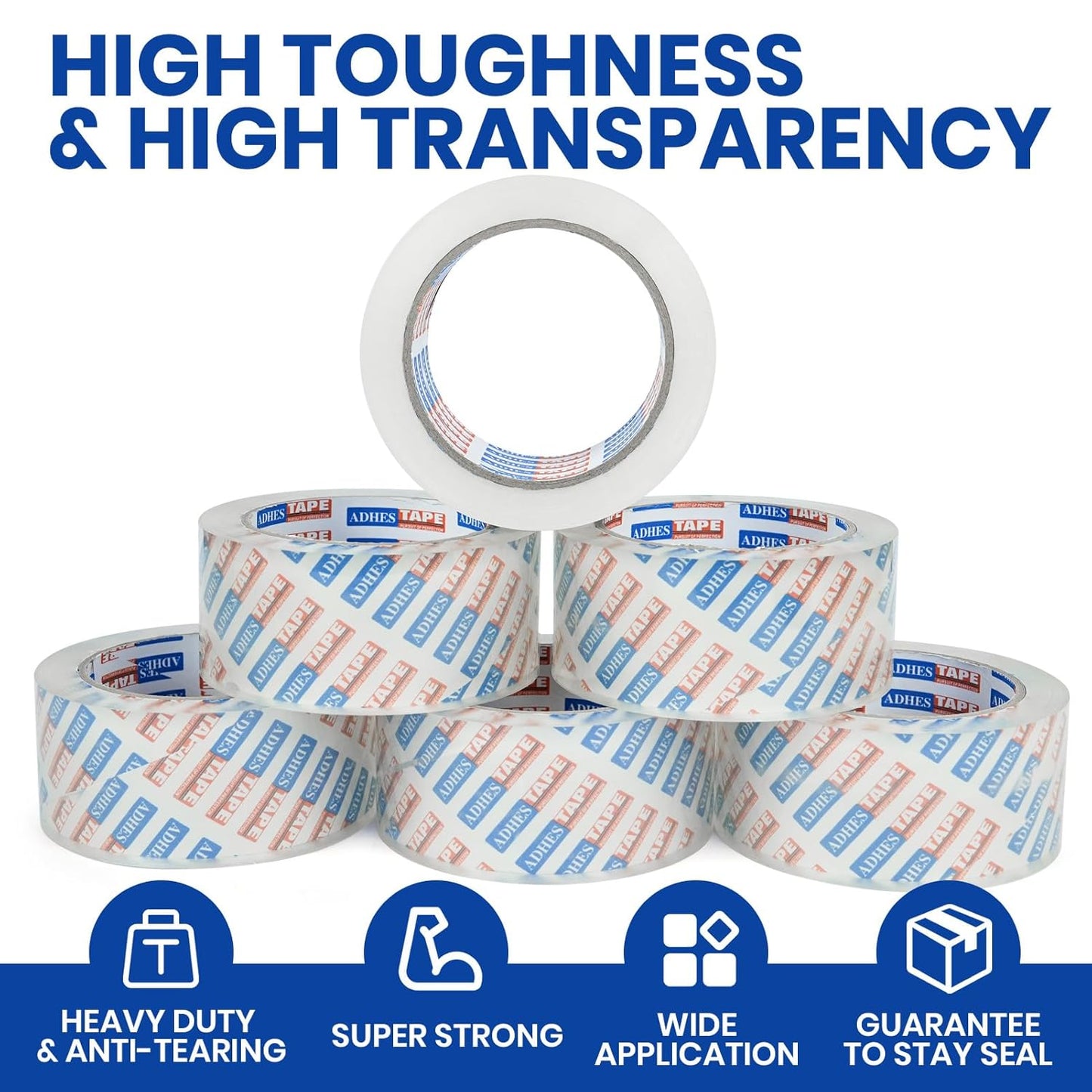 ADHES Packing Tape Shipping Tape Packaging Tape for Moving Boxes Heavy Duty Clear, 50M Length 4.8cm Width,2.6Mil Thickness