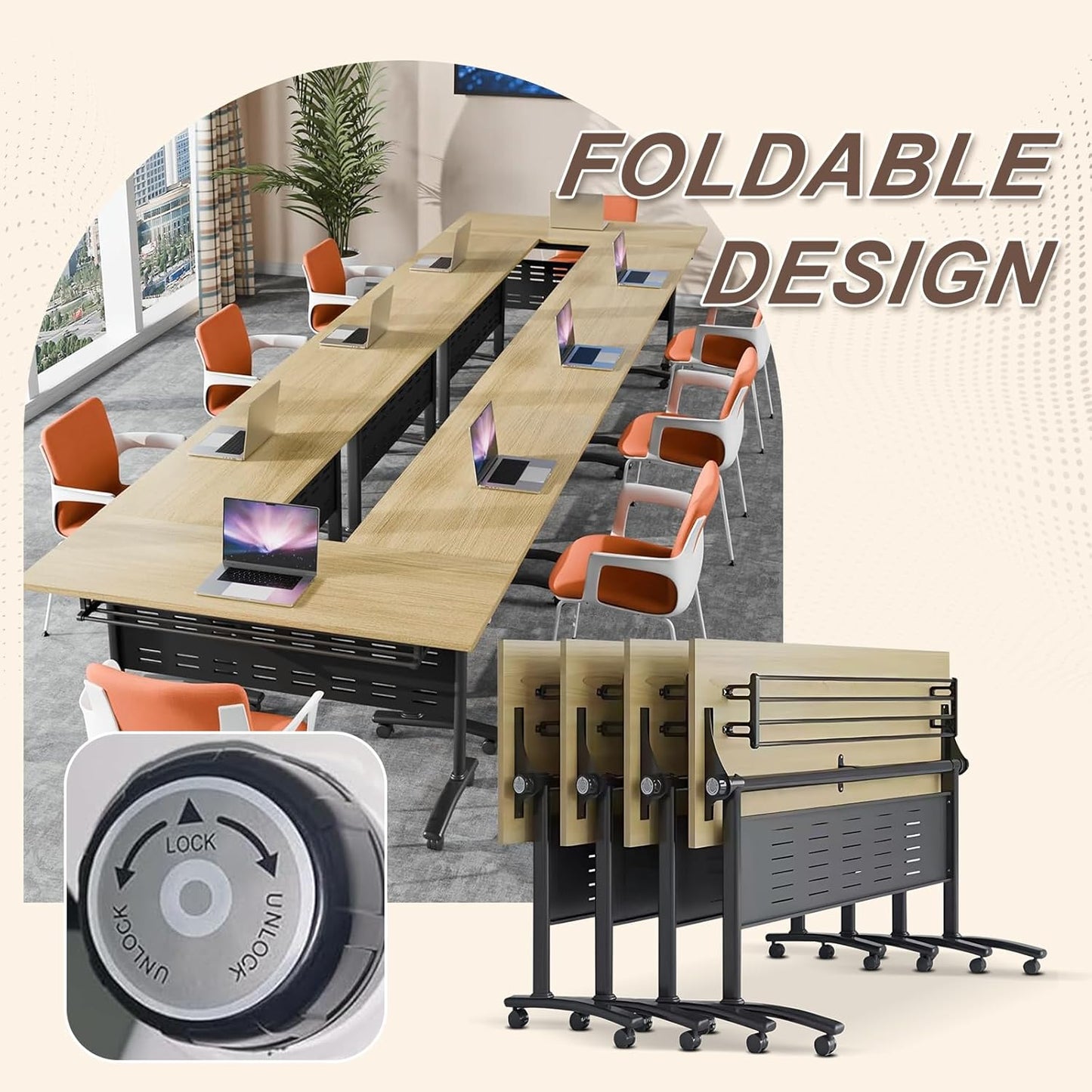 Folding Conference Room Table, Modern Conference Tables with Wheels, Large Rectangular Mobile Training Tables for Office Classroom, Foldable Modular Boardroom Seminar Table Maple (10pack L70.9in)