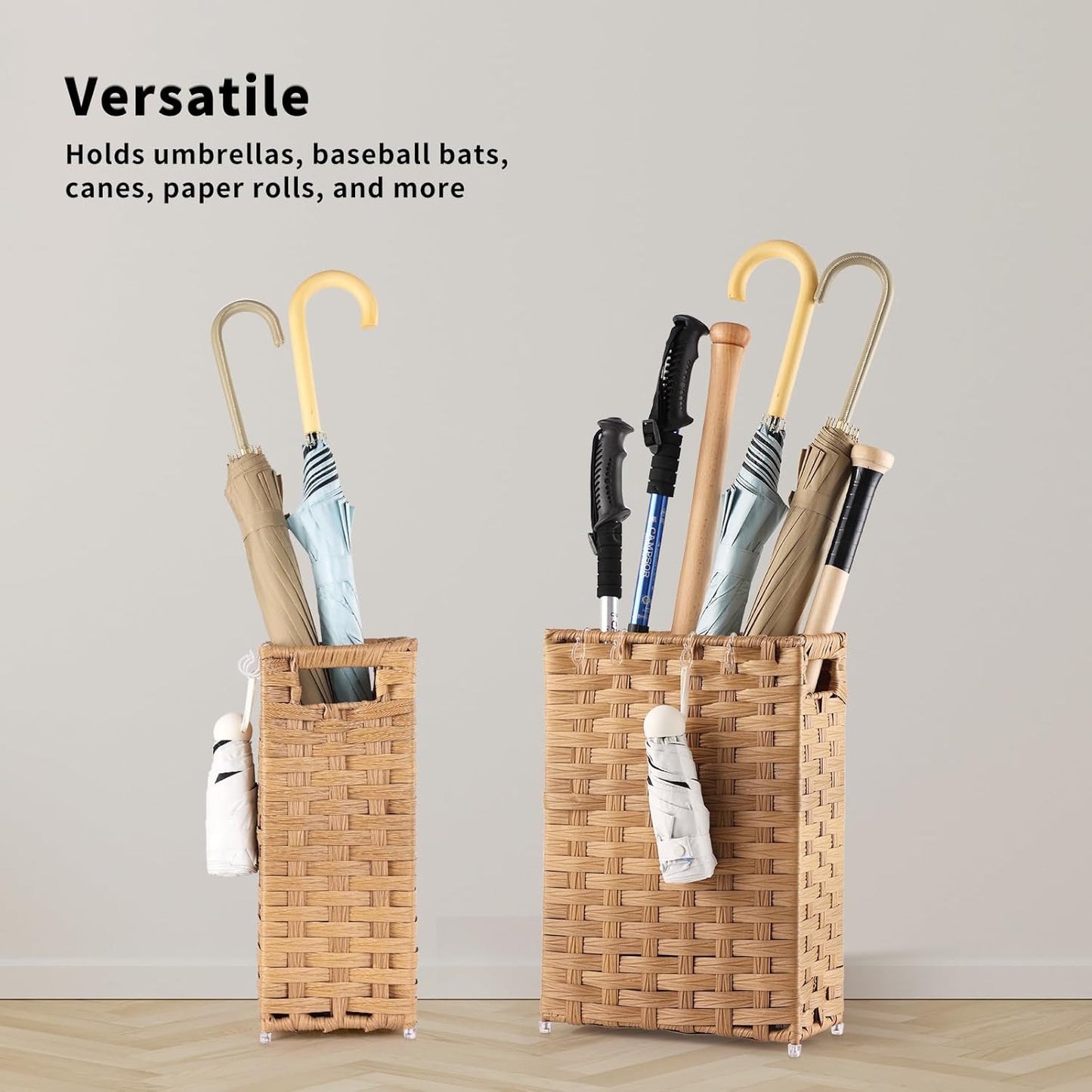 Rattan Umbrella Stand, Umbrella Holder for Entryway, Hand Woven Umbrella Rack Organizer Freestanding, with a Detachable Drip Tray, 4 Hooks, 11.8" L x 5.5" W x 16.5" H