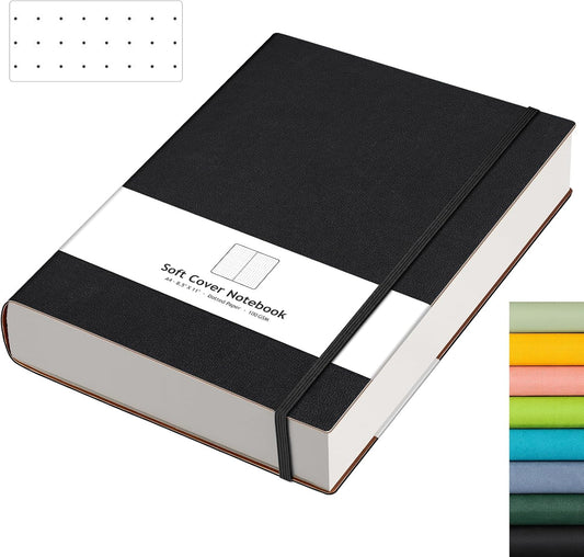 AHGXG Bullet Dotted Journal - Large A4 Notebook Dotted, 8.5''×11'', 320 Pages Dot Grid Notebook, 100gsm Thick Paper, Leather Softcover, with Journal Stencils, Inner Pocket - Black