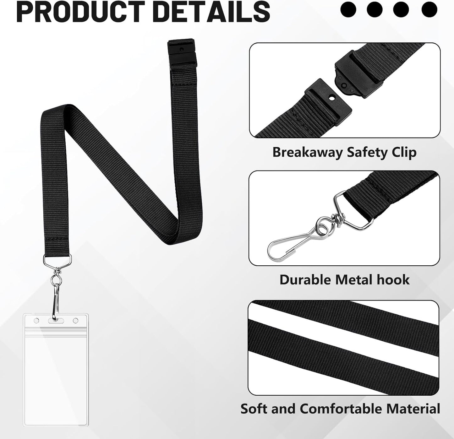 24-Pack Black Breakaway Lanyards with Waterproof Badge Holders, Metal Hook, Polyester Neck Straps for ID Cards, Events, Office, and Schools