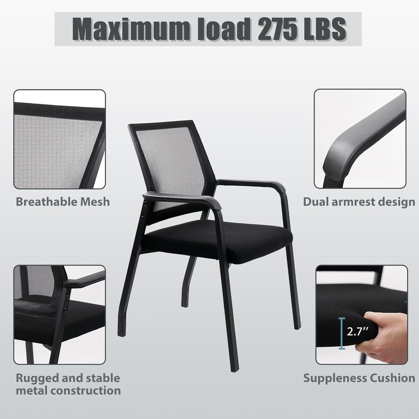 Desk Chair No Wheels, Arm Chair with Ergonomic Lumbar Support and Thickened Seats Cushion, Waiting Room Chairs for Office School Church Guest Reception, 4 Pack Black
