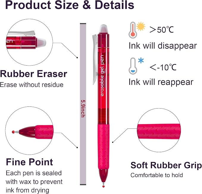 Lineon Erasable Gel Pens, 26 Colors Retractable Erasable Pens Clicker - Image 3