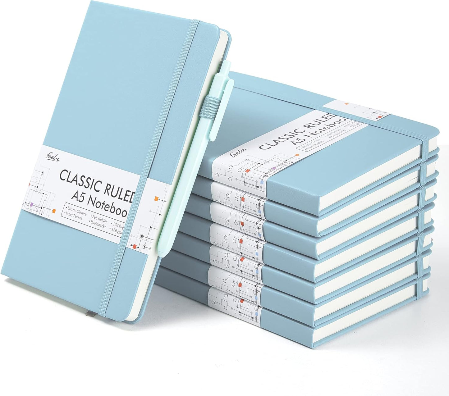feela 8 Pack Notebooks Journals Bulk, Hardcover Notebook Classic Ruled Lined Journals with Pen Holder for Women Girls School Business Supplies, with 8 Black Pens, 120 GSM, 5.1”x8.3”, A5, Light Blue