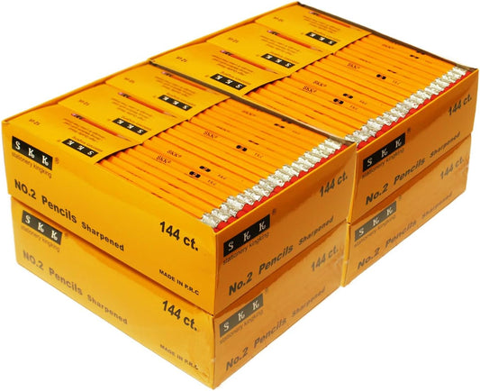 SKKSTATIONERY 576 Pack Pre-sharpened pencils, Bulk Yellow Sharpened Pencils with eraser top, # 2 HB pencil for classroom office Back to school Supplies, Writing, Drawing and Sketching 144Pcs*4Box.