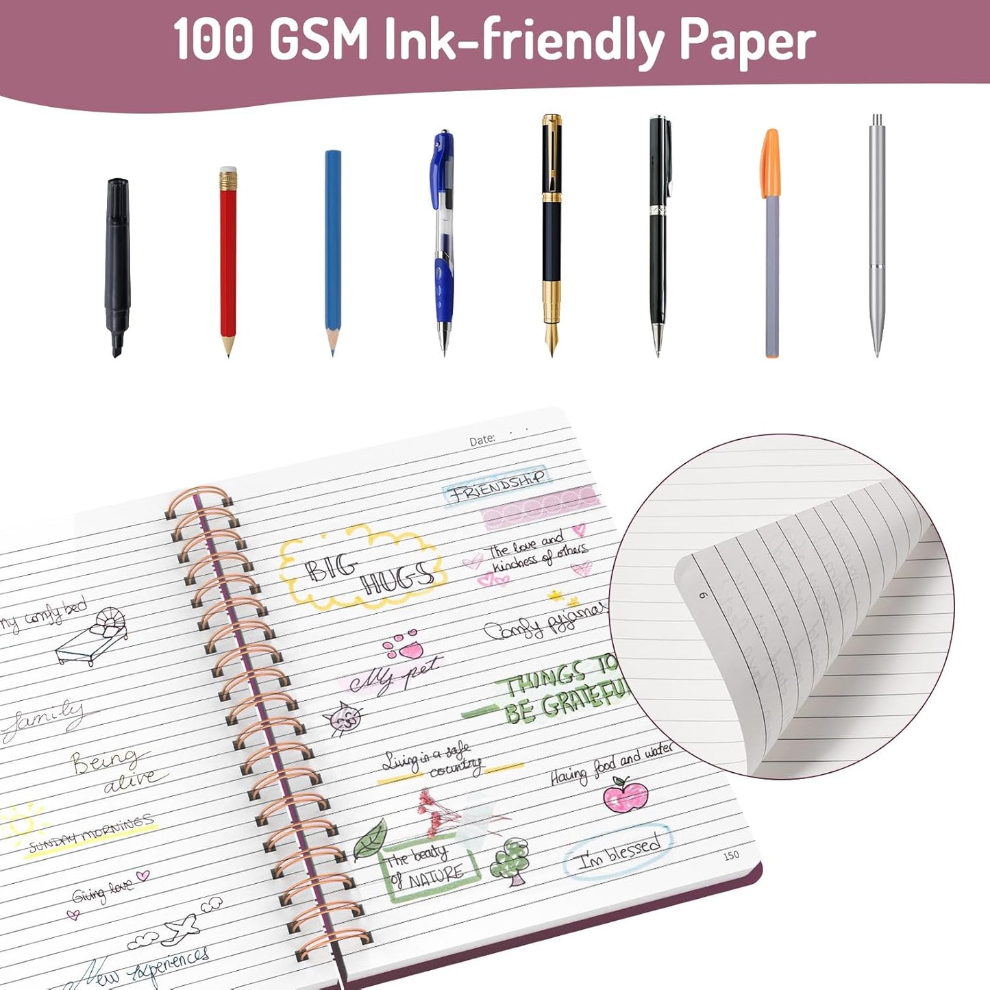 Forvencer Lined Spiral Journal Notebook with 300 Numbered Pages, B5 College Ruled Thick Journals for Writing with 100GSM Paper, Hardcover Notebooks with Contents for Work, School, Women, Men, Burgundy
