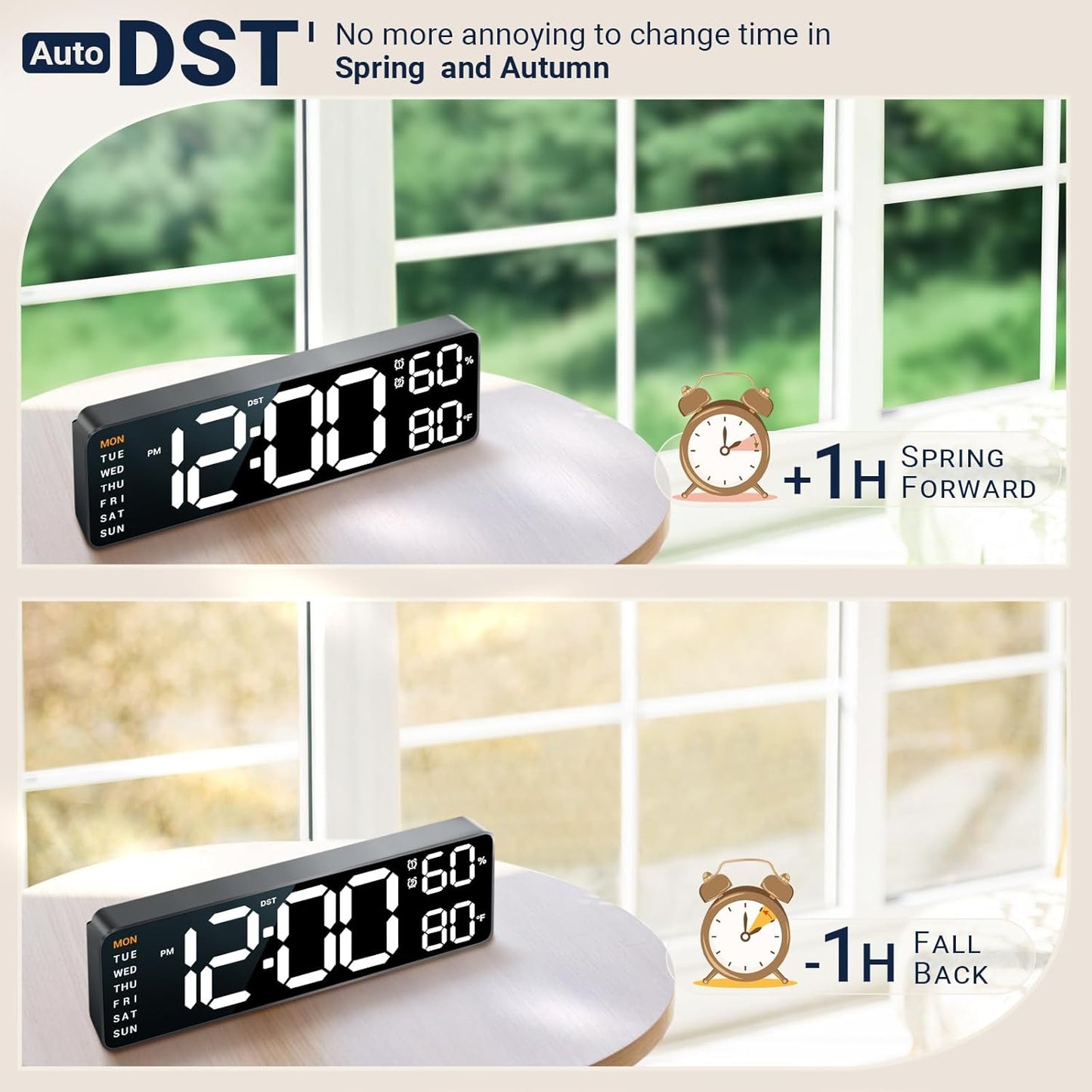 10" Digital Wall Clock: Dual Alarm Wall Mount Decor Clock for Living Room Classroom Office Desk, House Warming Gifts New Home Decor, Gift for Mom Dad Seniors Teen White