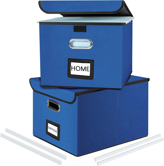 Huolewa Decorative File Organizer Boxes Office Document Storage with Lids, Portable Collapsible Linen Hanging Filing & Storage Boxes for Office/Decor/Home (Royal Blue) -14.9 x 12.7 x 10.8 inch -2 Pack