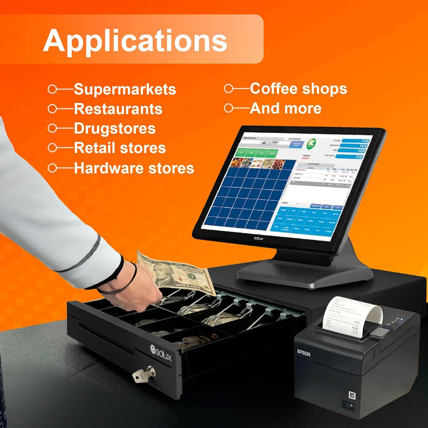 POS Hardware Bundle for Square System - 13" Cash Drawer, Thermal Receipt Printer, POS Systems for Small Business - Cash Register With Receipt Paper and Printer