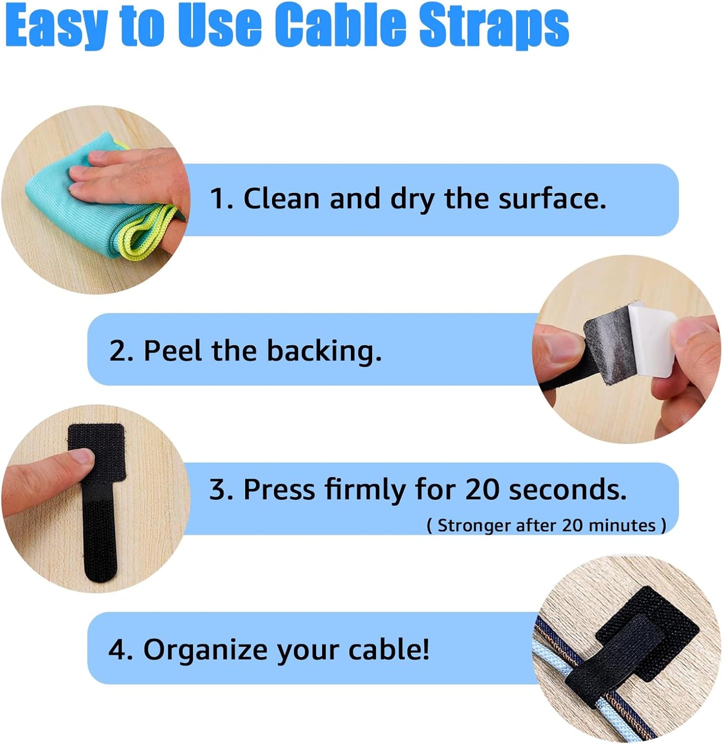 80PCS Hook and Loop Cable Ties, Hook and Loop Cable Straps, Under Desk Cable Management, Adhesive Cable Clips, Sticky-Back Cord Organizer for Desk, Household & Office Organization (Gray)