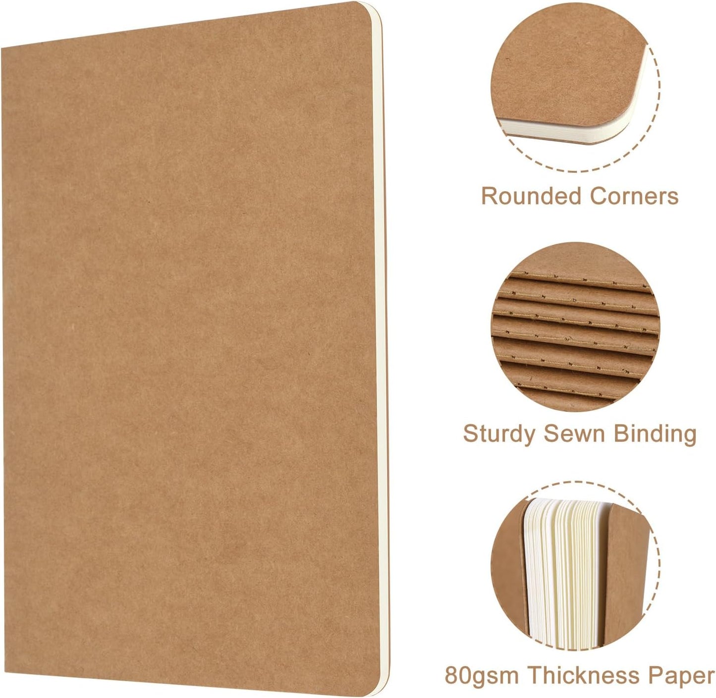 ZCZN 8 Pack A5 Kraft Notebooks Bulk, 8.15x5.5 Inches Lined Paper Journaling Notebooks, Notebooks for Work, Composition Notebooks for School, Journal Notebooks for Office, 60 Pages