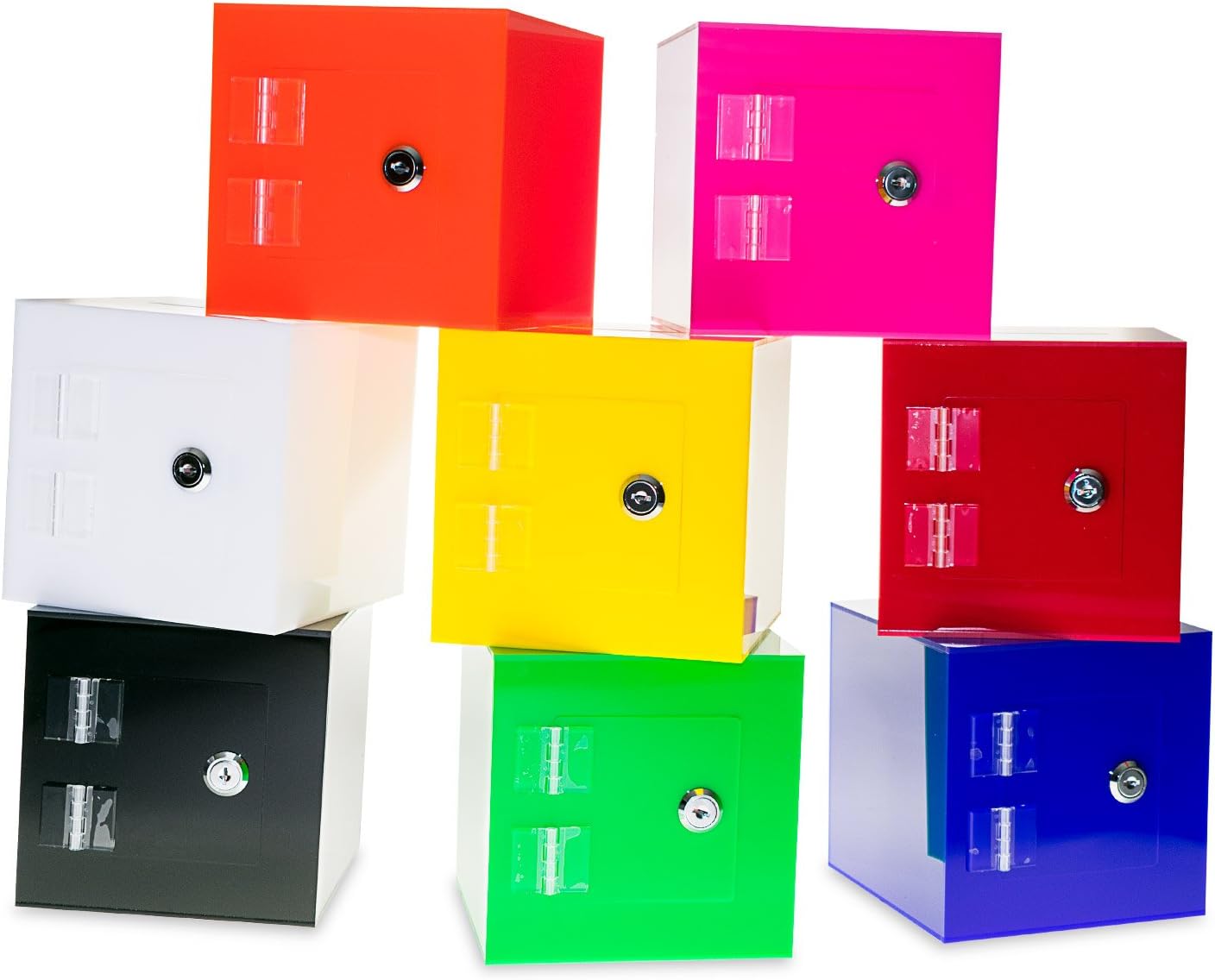 Source One Premium Acrylic Cube Donation Box with Deluxe Rear Open Door and Cam Lock Suggestion Box (12 Inch, Red)