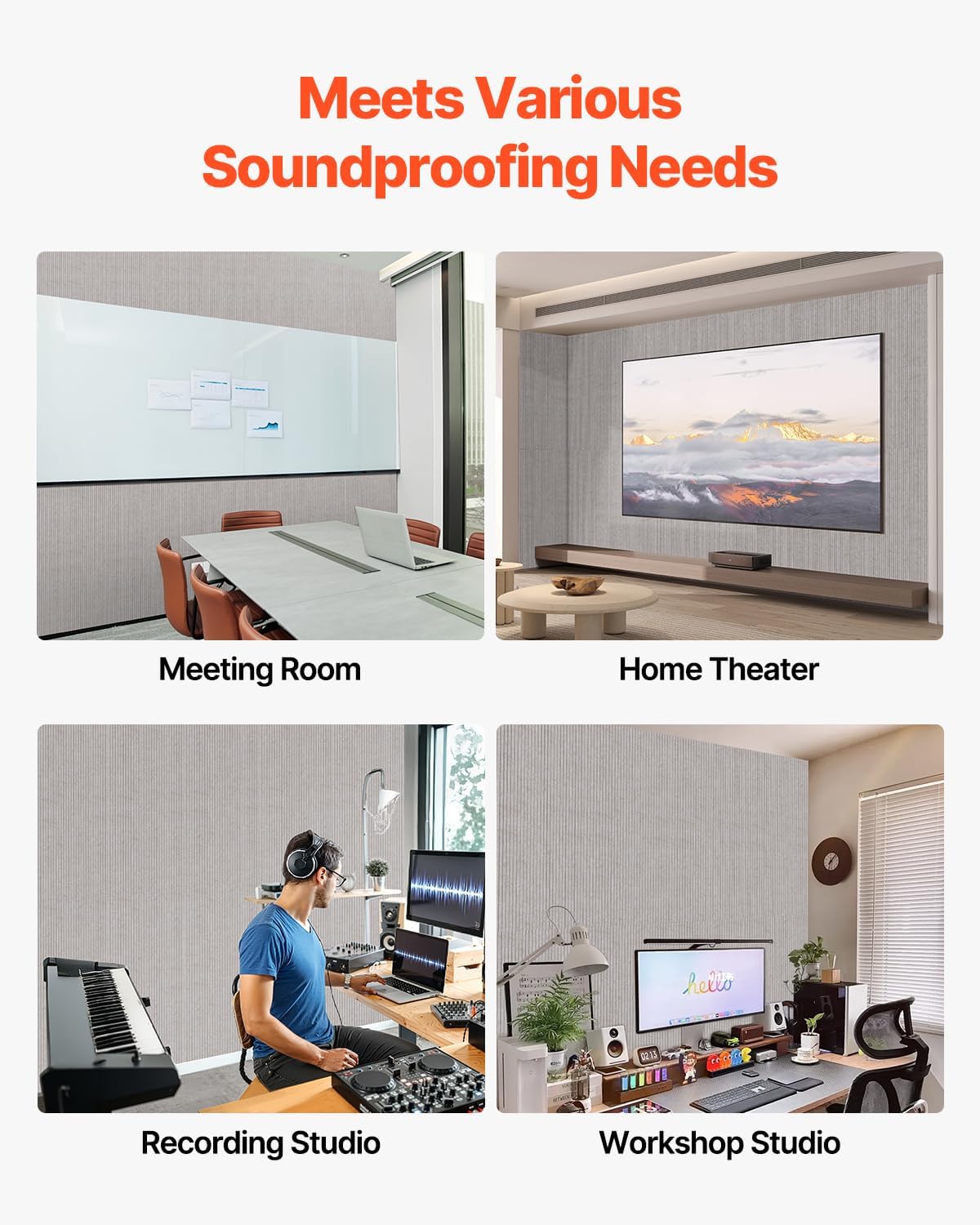 VEVOR 5 Pack Acoustic Panels with Self Adhesive, 47.2 x 23.6 x 0.4 inch Sound Proof Foam Panels, Polyester Fiber Soundproof Wall Panels High Density, for Home, Studio, Office, Theater, Camel