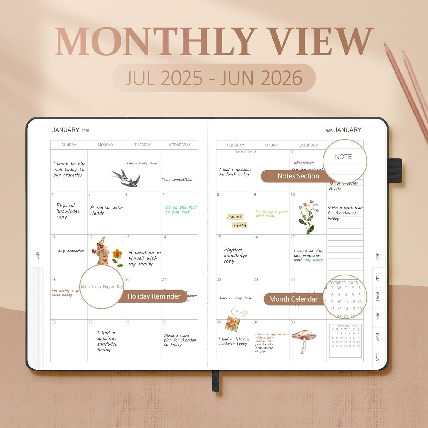 Planner 2025-2026, Academic Linen 2025-2026 Monthly Planner July 2025 to June 2026, Weekly & Daily Organizer with Tabs, Note Pages, Hardcover 5.65" x 8.15"- Ideal for School, Work & Productivity-Black