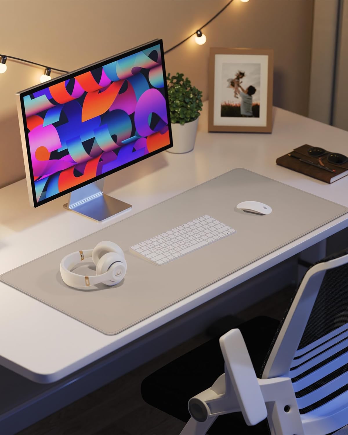 Large Desk Mouse Pad Protector, Stitched Locking Edge Non-Slip PU Leather Desk Mat Laptop Table Pad Blotter, Waterproof Durable Writing Pad for Office and Home (Beige, 90 x 43cm)