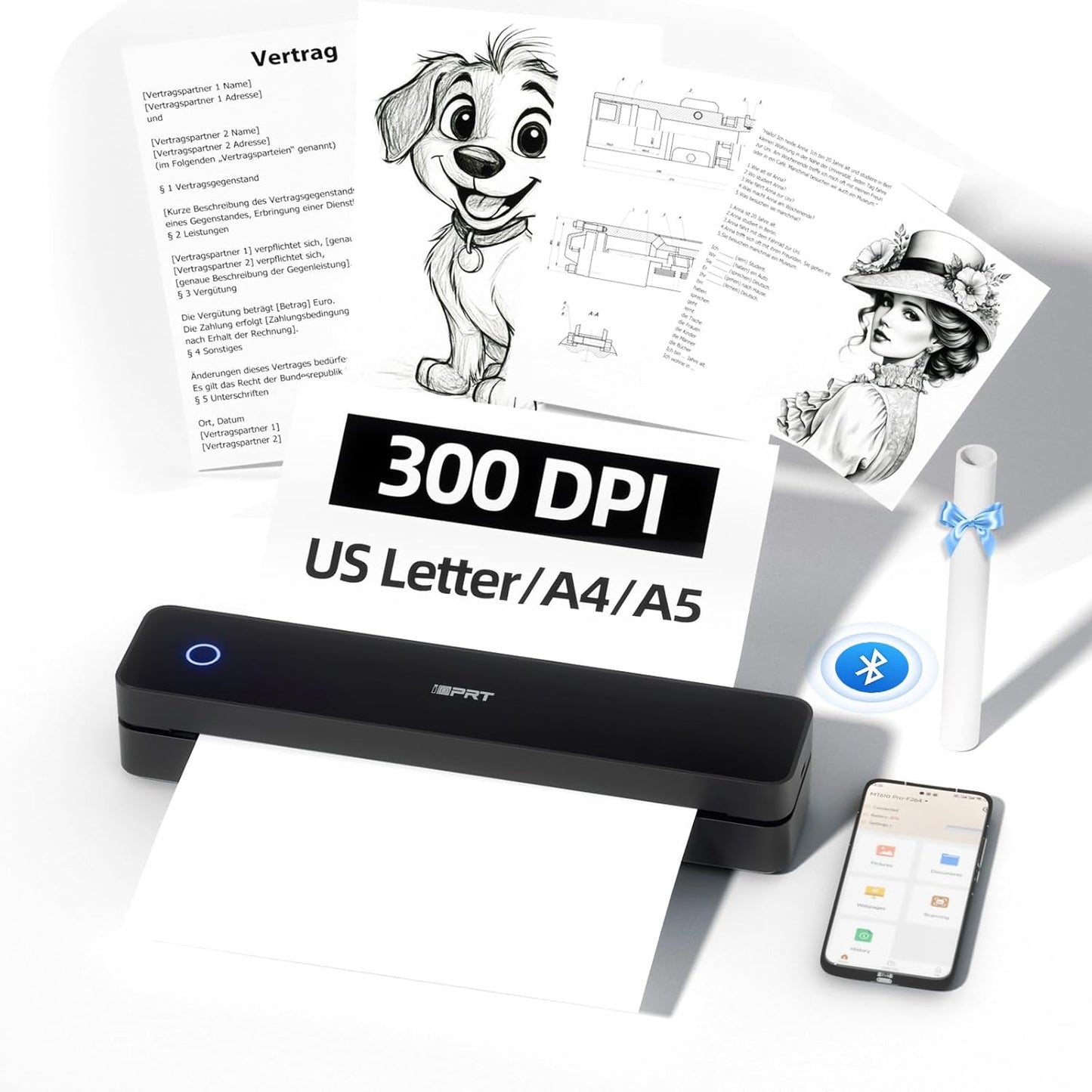 iDPRT Portable-Printer Wireless for Travel, Bluetooth Thermal Printer Support 8.5" x 11" US Letter&A4&A5 Size,300DPI Inkless Printers for Home Use,Compatible with Android and iOS Phone&Laptop,Black