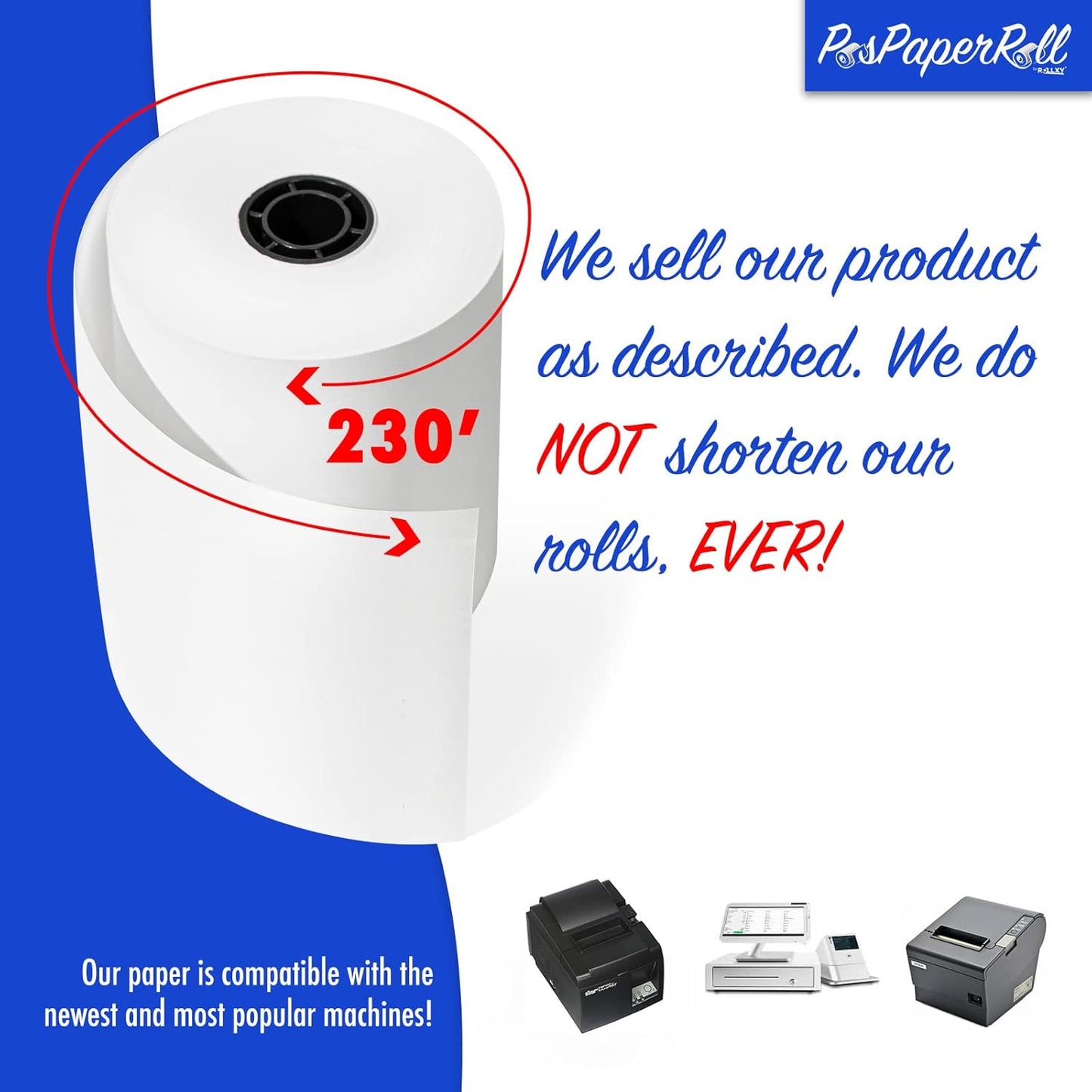 3 1/8 x 230 Thermal Paper Receipt Rolls (50 GSM - Solid Core) Fits All POS Cash Registers Printers, Clover Square Stations, Star Micronics SCP700, TSP100 BPA Free - Premium Grade (200 Rolls)