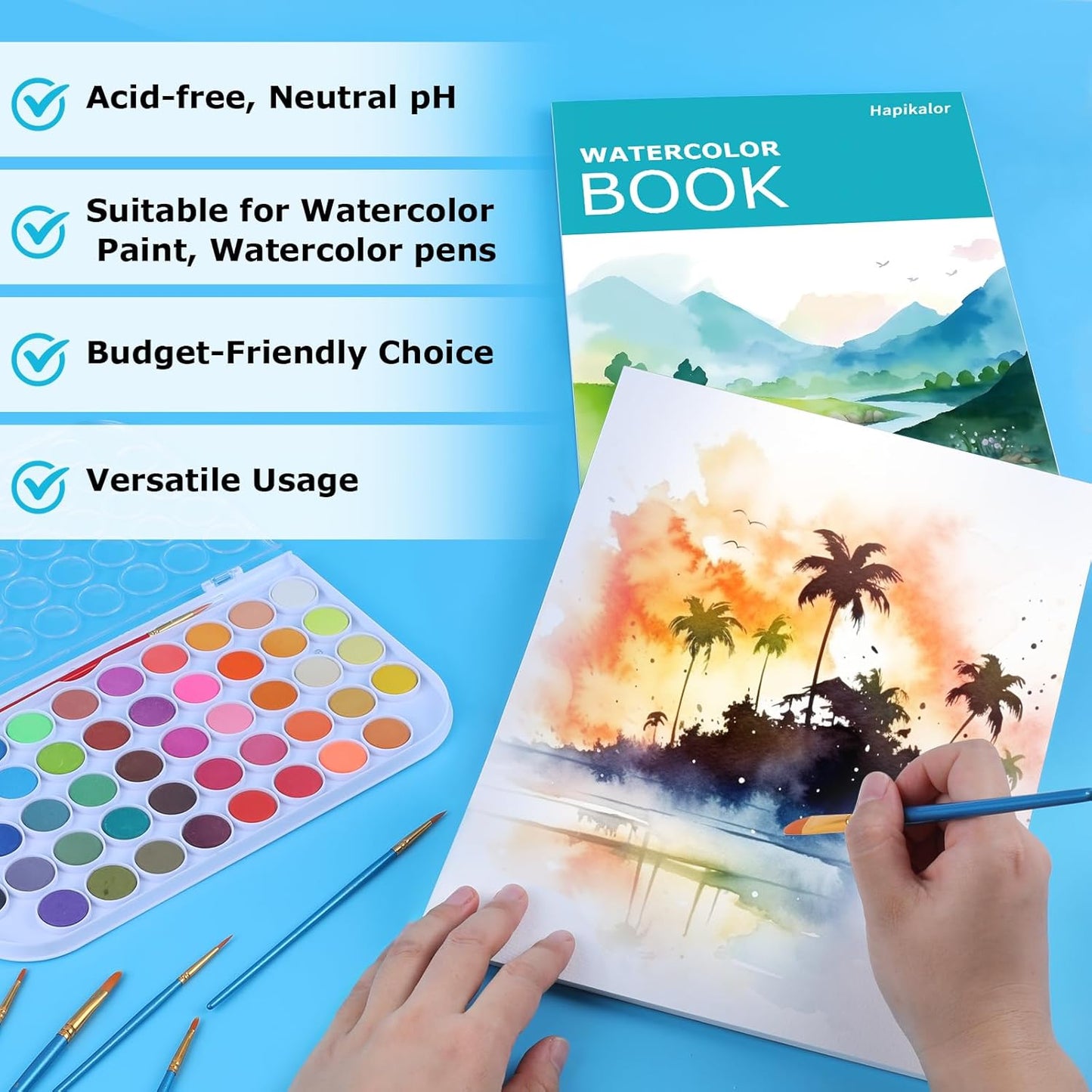 Hapikalor 2-Pack 9"x12"Watercolor Paper Pad, Bulk School Supplies for Kids, Teacher Classroom Must Have, Art Watercolor Paper, Arts & Crafts, Watercolor Pad for Finger Paint, Watercolor Pens, Teal