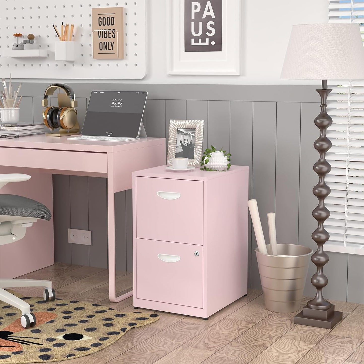 2 Drawer File Cabinet with Lock,Pink Metal Office Drawers Filing Cabinets for Home Office, Two Drawer Under Desk File Cabinet for Hanging Letter,Easy Assemble