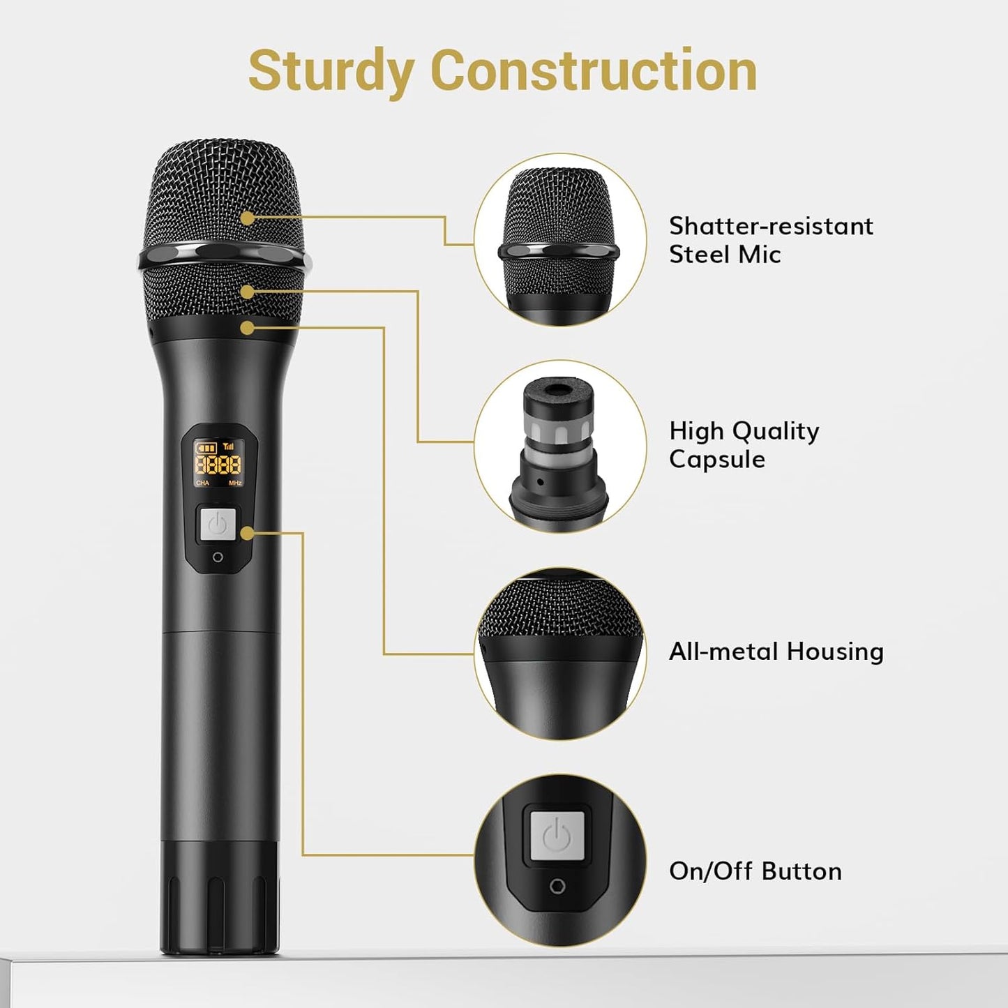 TONOR Wireless Microphone System, Professional Metal Cordless Karaoke Microphones, Handheld Dynamic Mic Set with Receiver for Party, Meeting, KTV, Church, DJ, Wedding, Singing, 200ft, TW820 Black
