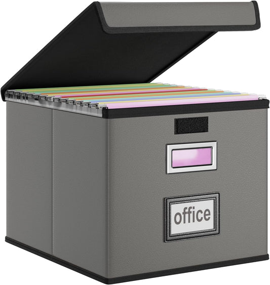 Huolewa Faux Leather File Organizer Box with Lid, Collapsible Hanging File Folder Box Organizer with Plastic Slides, Decorative Home/Office Filing System Boxes for File and Folders Storage