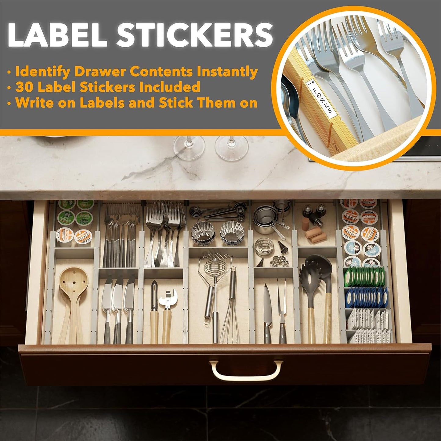SpaceAid Bamboo Drawer Dividers with Inserts and Labels, Kitchen Adjustable Drawer Organizers, Expandable Organization for Home, Office, Dressers, 10 Dividers with 24 Inserts (17"-22" Gray)