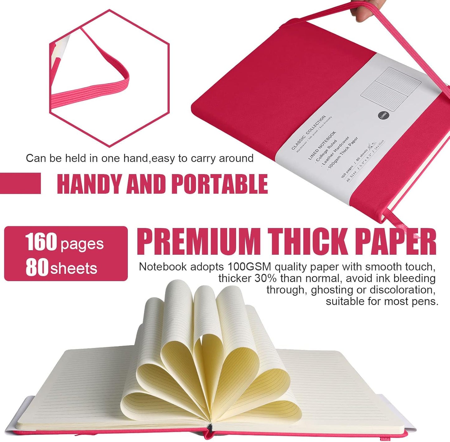 Lined Journal Notebook, 10Pack(Rose Red), 160 Pages, Medium 5.7 inches x 8 inches - 100 gsm Thick Paper, Hardcover