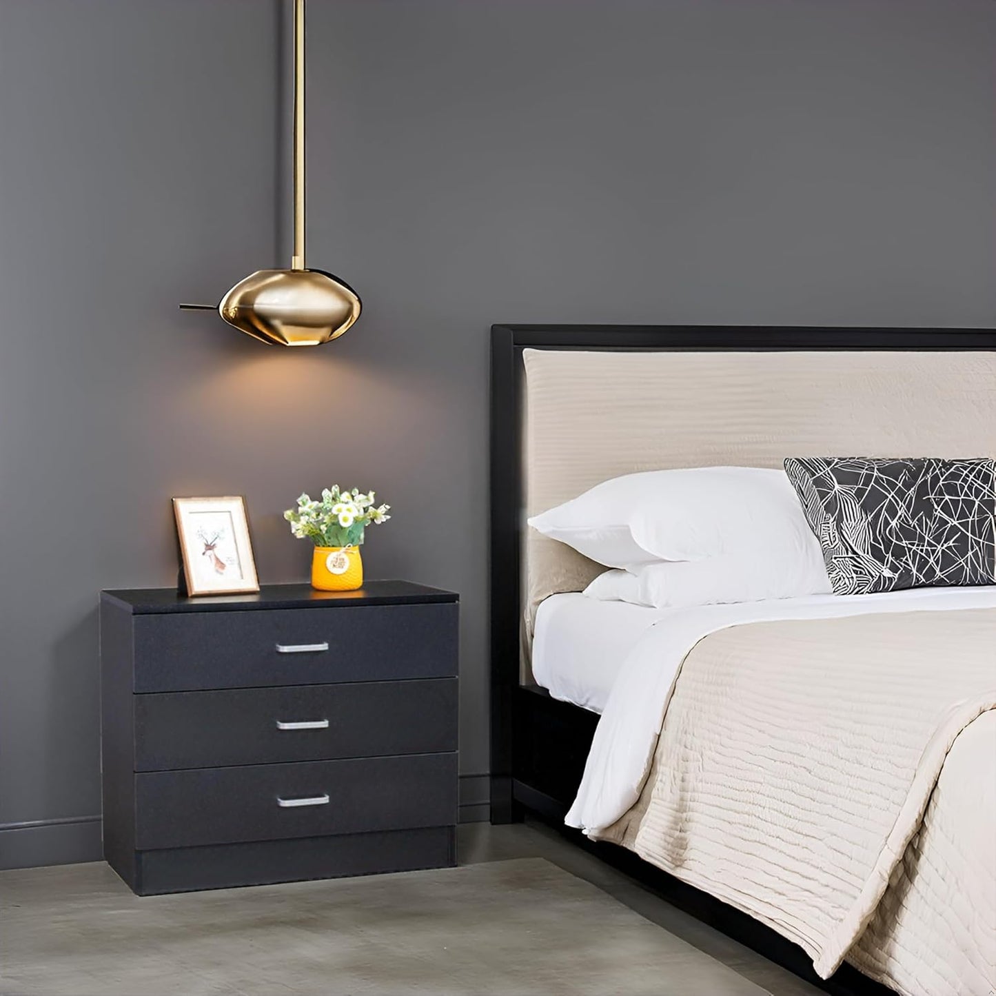 Karl home 3 Drawer Dresser, Modern Storage Chest of Drawers, Wood Bedside Table Night Table for Bedroom,Living Room (Black)