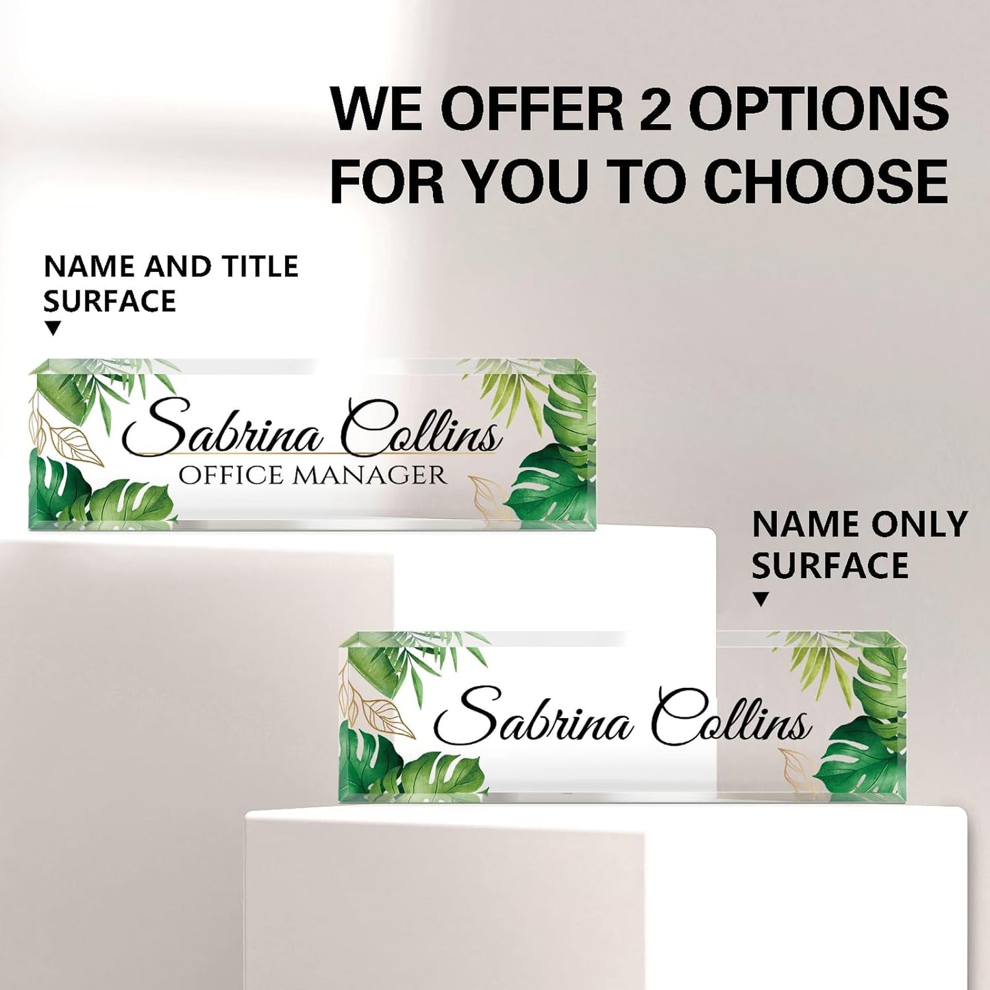 Custom Name Plate for Desk, Desk Name Plate Personalized, Office Decor for Women Men, Acrylic Desktop Accessories, Office Appreciation Gifts for Boss Social Workers Nurse Teacher Employee(Green Leaf)