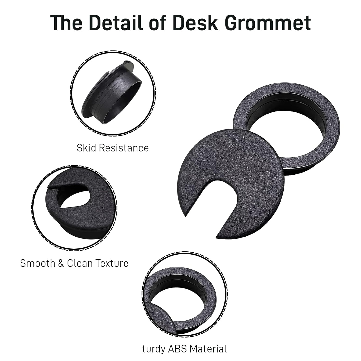 Desk Grommet 2 Inch 4 Pack Sturdy ABS Plastic Desk Hole Cover for Cables Detachable Desk Hole Grommet for Organizing Home & Office Table Cables - Black