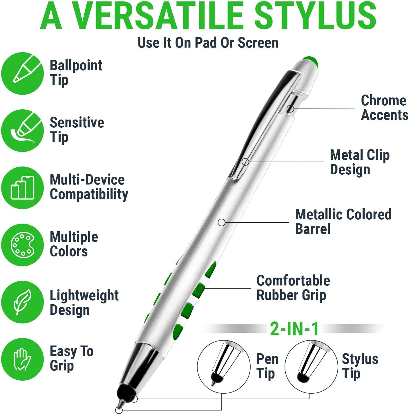 Stylus Pens - 2 in 1 Touch Screen & Writing Pen, Sensitive Stylus Tip - for Most Touchscreen Devices - Assorted Barrel Colors, Black Ink, 7 Pack