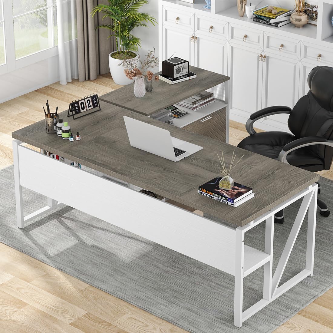 Tribesigns L Shaped Desk with Drawer Cabinet, 63" Executive Computer Desk and lateral File Cabinet, 2 Piece Home Office Furniture with Drawers for Hanging File, Doors with Locks (Dark Oak, 63-inches)