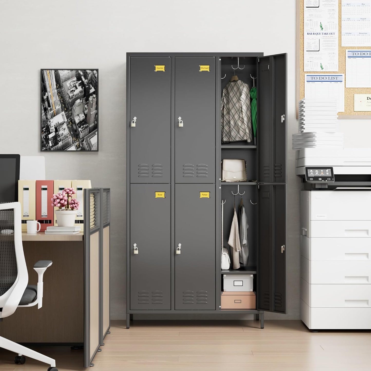 6 Doors Metal Locker for Employees with 18 Hooks and Business Card Holder,Metal Locker with Ventilation Holes for School Garage Office Gym Home,Assembly Required,Black