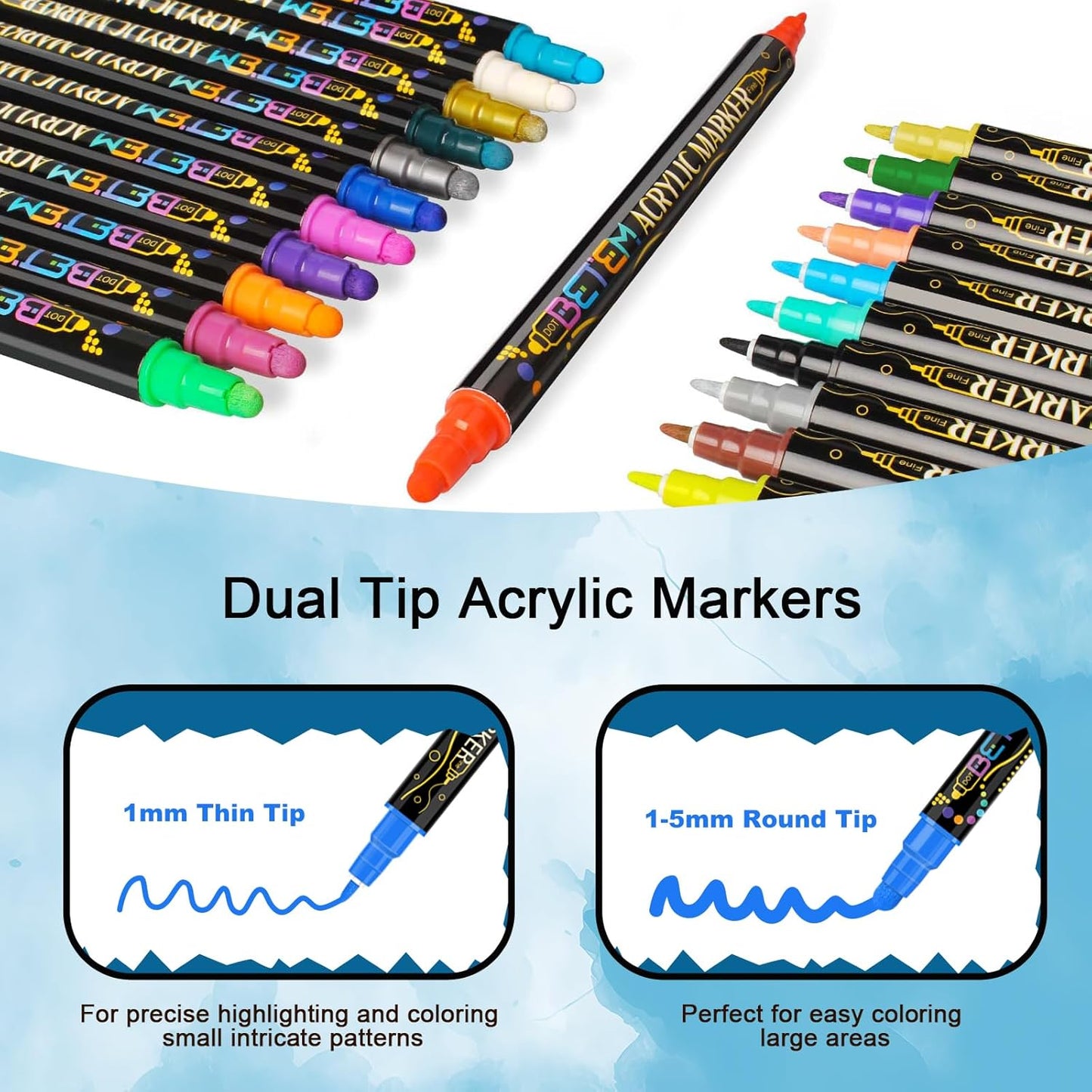 Betem 24 Colors Dual Tip Acrylic Paint Pens Markers, Premium Acrylic Paint Pens for Wood, Canvas, Stone, Rock Painting, Glass, Ceramic Surfaces, DIY Crafts Making Art Supplies