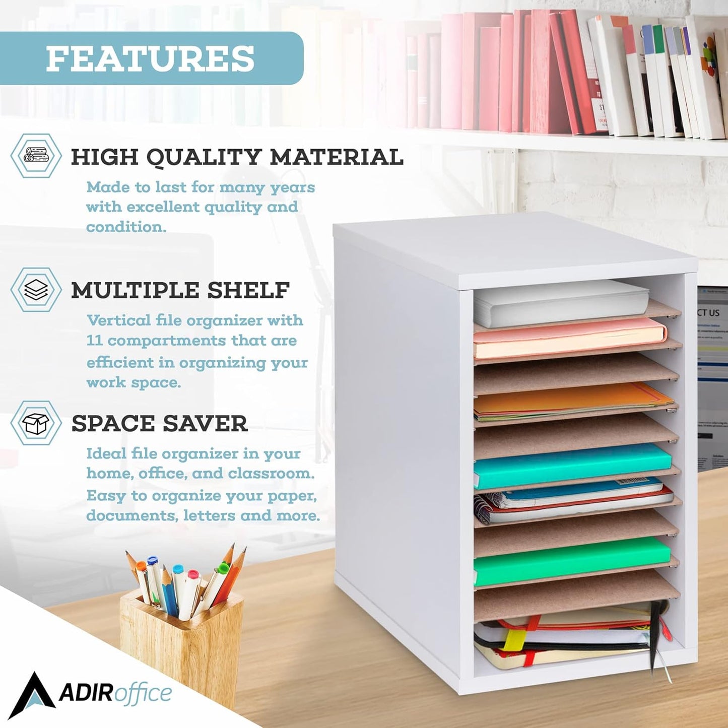 AdirOffice Classroom Mailbox - 11 Compartment Wooden Mail Organizer, Construction Paper Storage, Vertical Desktop Sorter with Slots, Mailboxes With Removable Shelves (11 Slot, White)