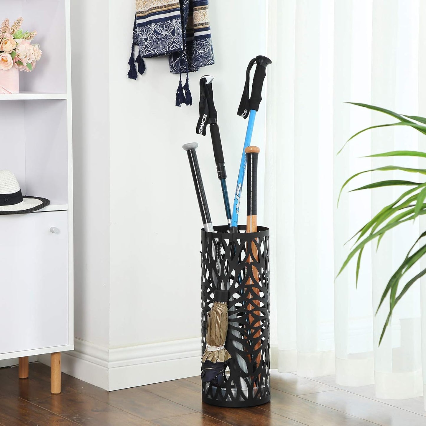 SONGMICS Umbrella Stand, Umbrella Holder for Entryway, Steel Round Umbrella Rack Freestanding, for Canes Walking Sticks, with a Detachable Drip Tray, 2 Long and 2 Short Hooks, Matte Black ULUC20B
