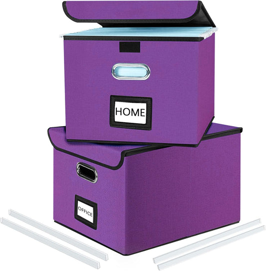 Huolewa Upgraded File Organizer Boxes with Lids, Linen Hanging Filing & Storage Boxes with Plastic Slides for Office/Decor/Hom, Universal Hanging Filing Organization Boxes for Letter/Legal Folder