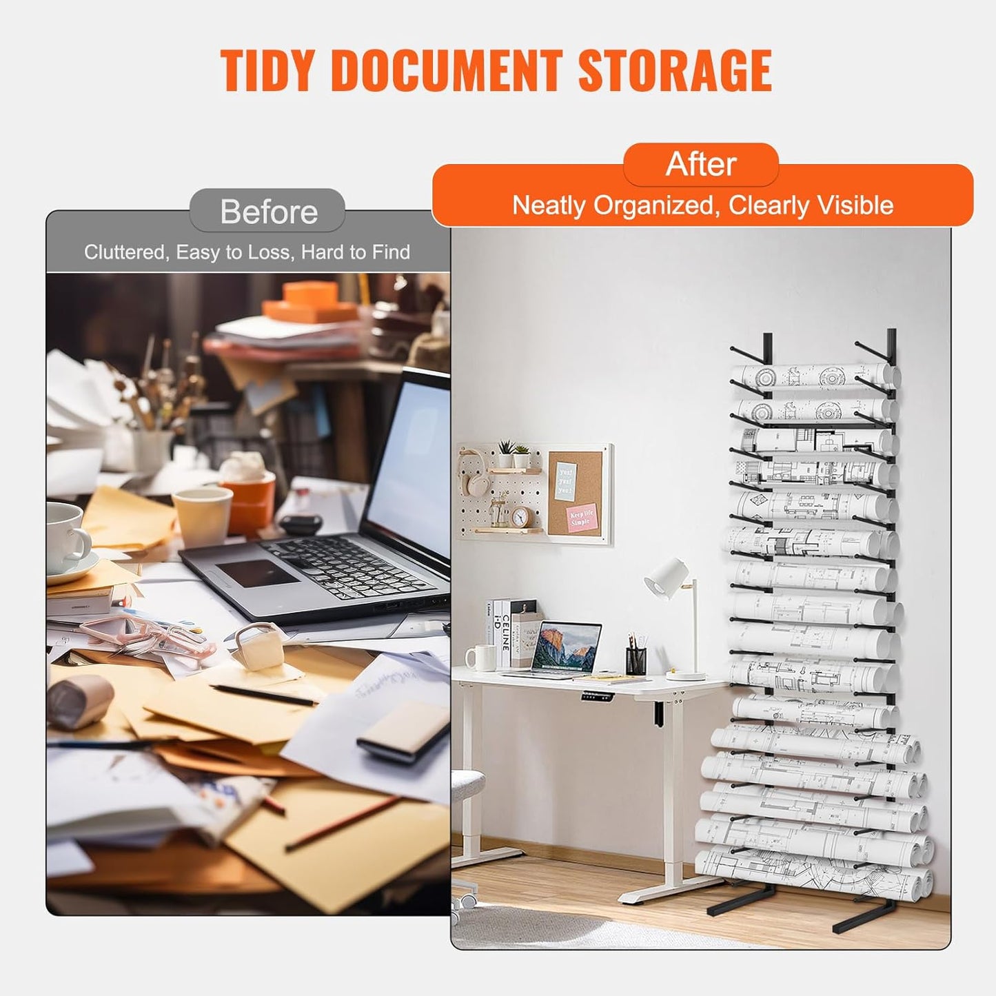 VEVOR Blueprint Storage Rack, Hanging Poster Display Rack 16-Tier, Vertical Blueprint Roll File Holder 2 Rolls/tire, Roll File Storage Rack for Blueprint Map Poster