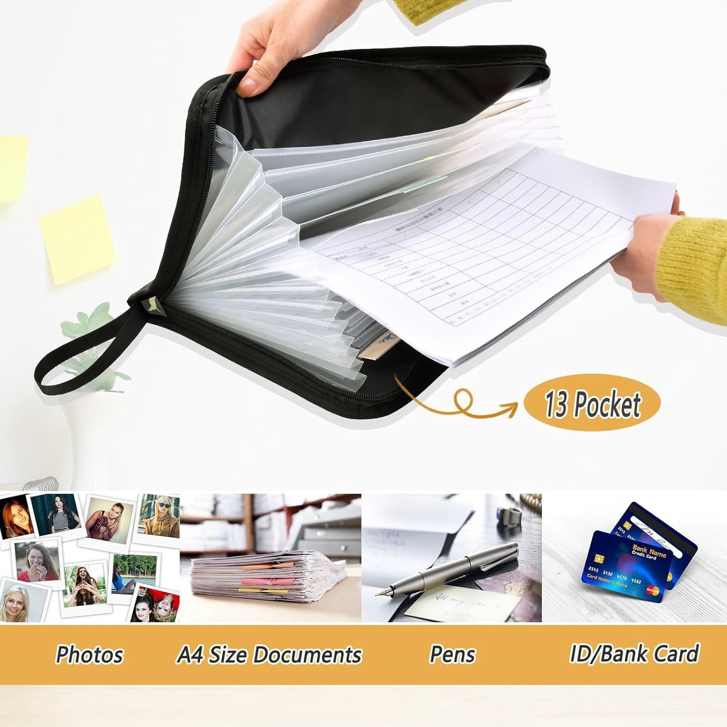 Gredecor 13 Pockets File Folder Organizer A4/Letter Water Resistant Dachshund Dog Black Document Bag with Zipper Filing Folder Expanding File Pouch Storage for School Office
