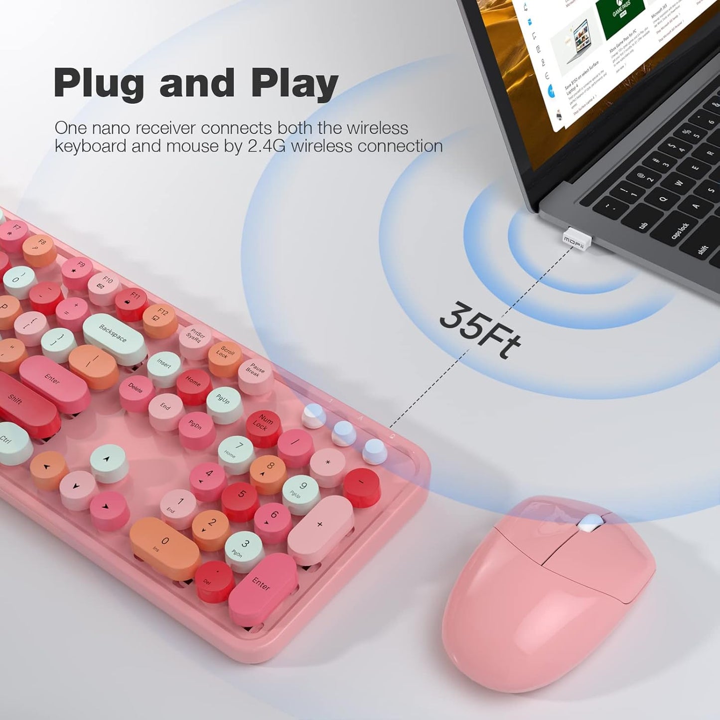Wireless Keyboard and Mouse Combo, MOWUX Colorful Computer Full Size 2.4G Plug and Play Wireless Typewriter Keyboard and Mouse Set for Windows, Computer, Desktop, PC, Notebook (Pink Colorful)