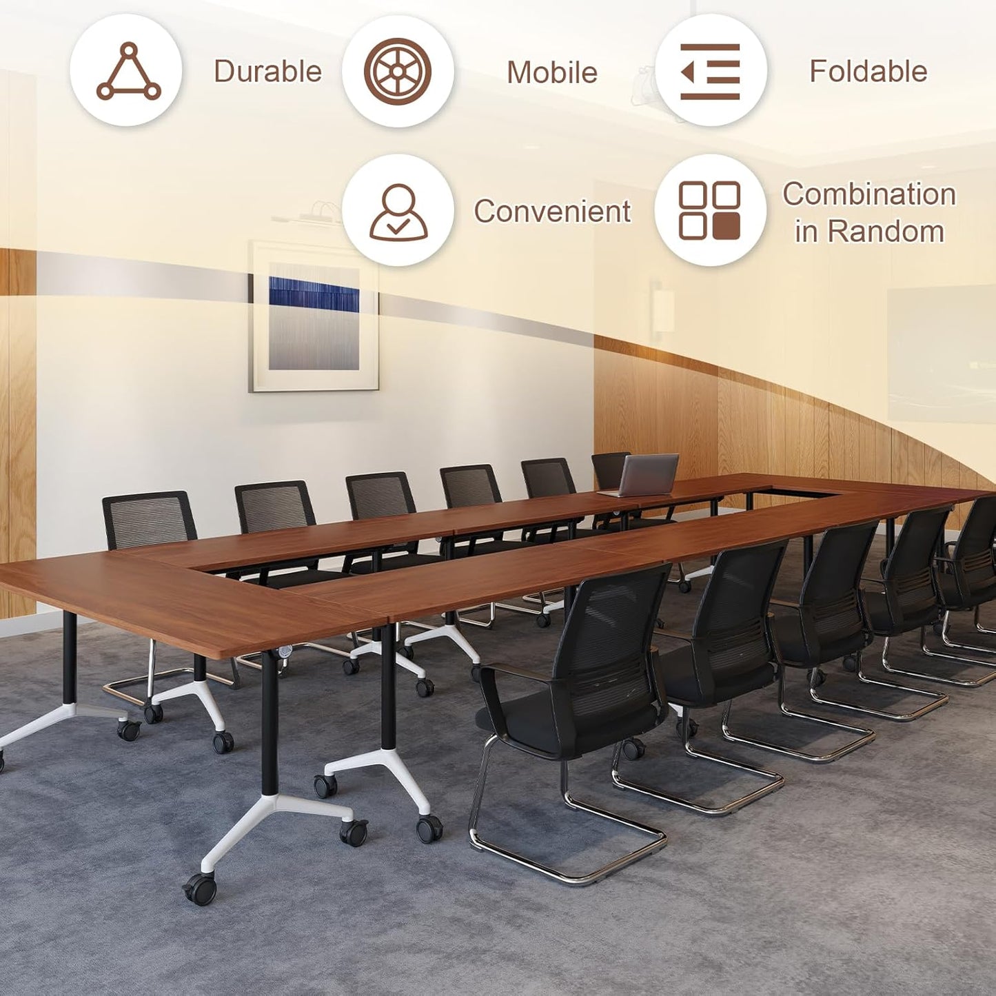 Folding Conference Room Table, Modern Conference Tables with Wheels, Large Rectangular Mobile Training Tables for Office Classroom, Foldable Modular Boardroom Seminar Table (6pack L70.9in)