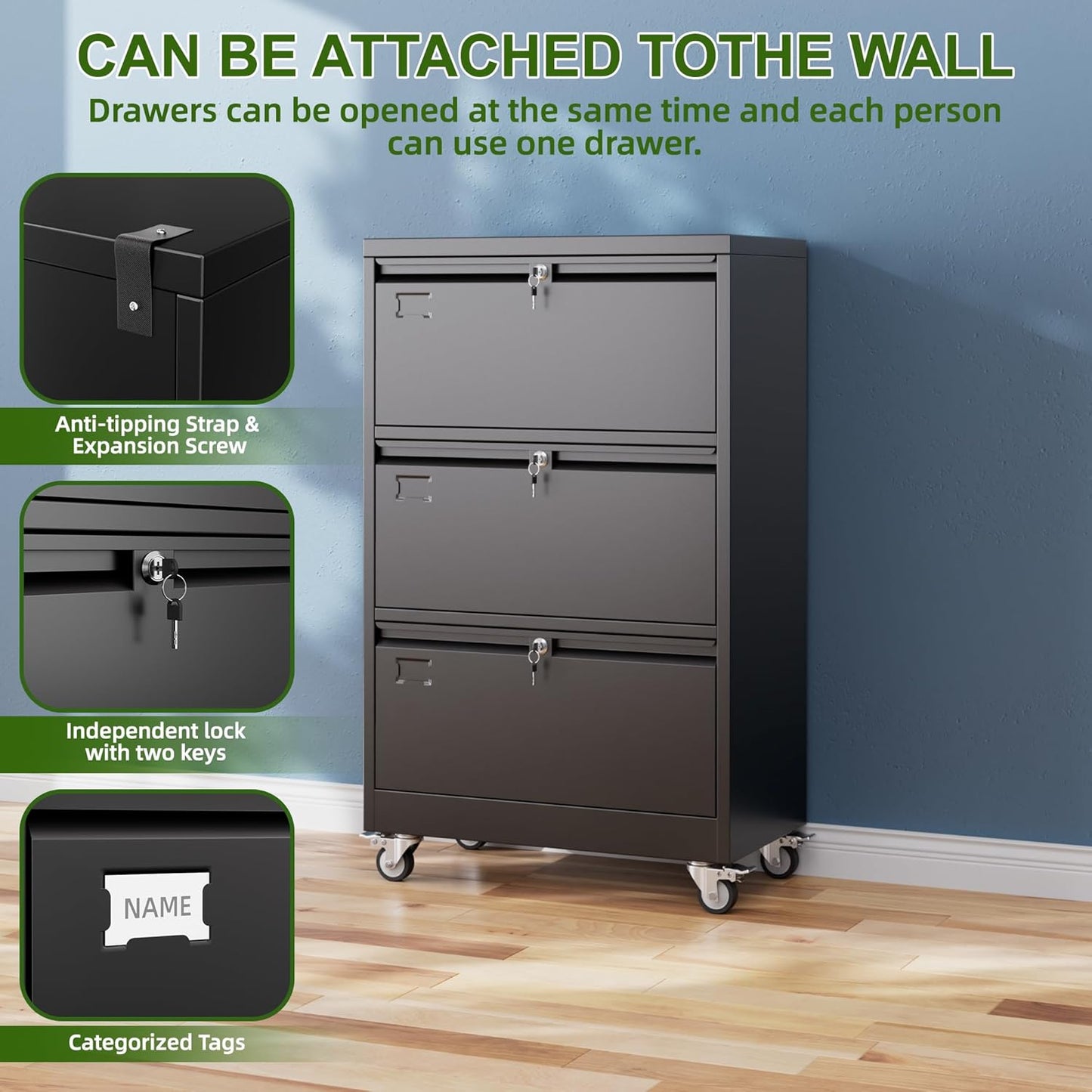 Aobabo 3 Drawer Wide File Cabinet with Wheels, Lockable Metal Filing Cabinet for Home Office, Legal/Letter Size,Black,Required Assembled,15.87" D x 28.94" W x40.48 H