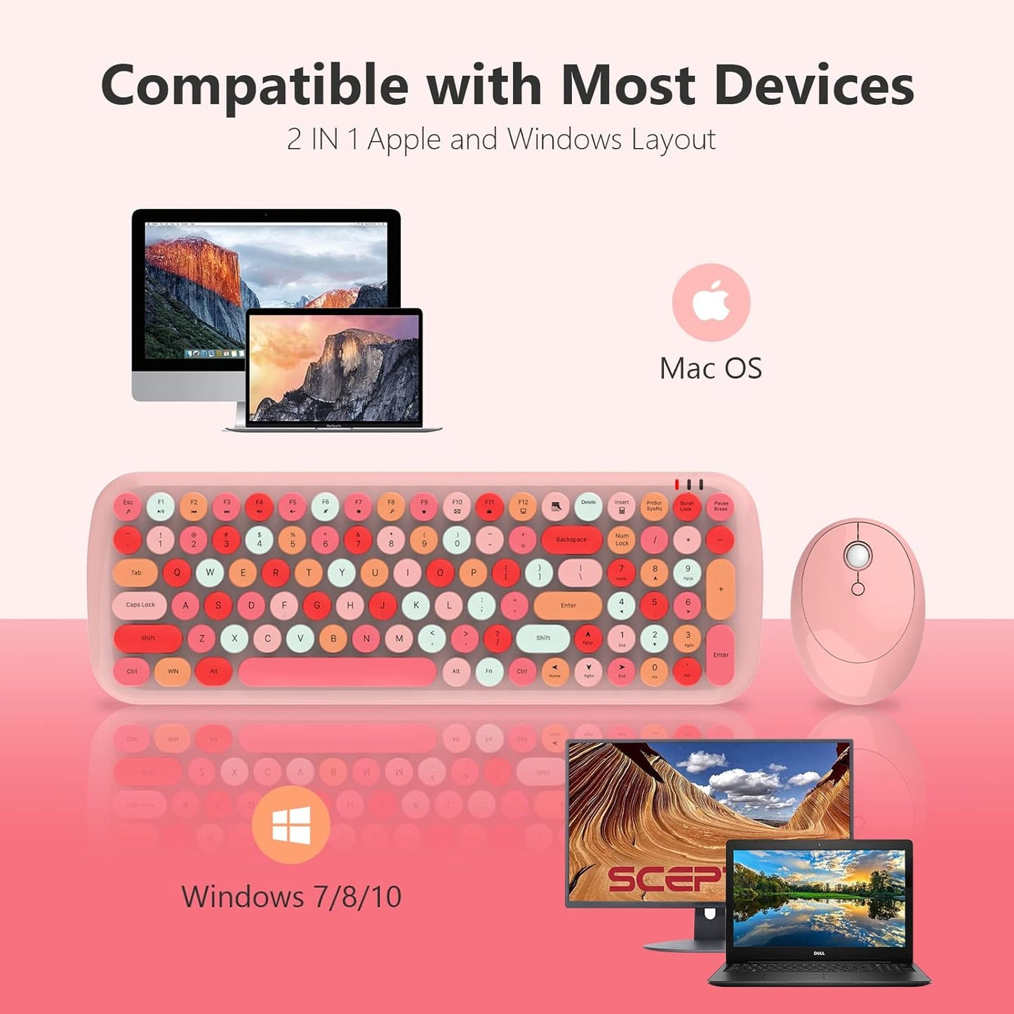 MOFII Wireless Keyboard and Mouse Combo, 2.4GHz Retro Typewriter Keyboard and Cute Mouse for Computer PC Desktops Laptop Windows(Pink Mix)