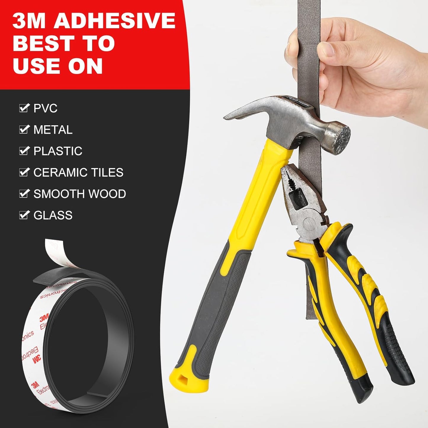 Neodymium Magnetic Tape, Flexible Magnet Tape Strips Roll (1/2'' Wide x 3.3 ft Long) with Strong 3M Adhesive Backing, Magnetic Strips Heavy Duty Perfect for Wall, DIY, Art Projects & Fridge