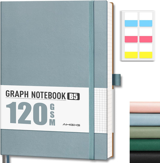 AHGXG Graph Paper Notebook - Grid Notebook Journal, 120 GSM Thick Graph Paper, Large B5 Notebook 96 Pages, Leather Softcover, for Graphing, Writing, Math, Engineering, 7.6'' X 10'' - Gray Blue