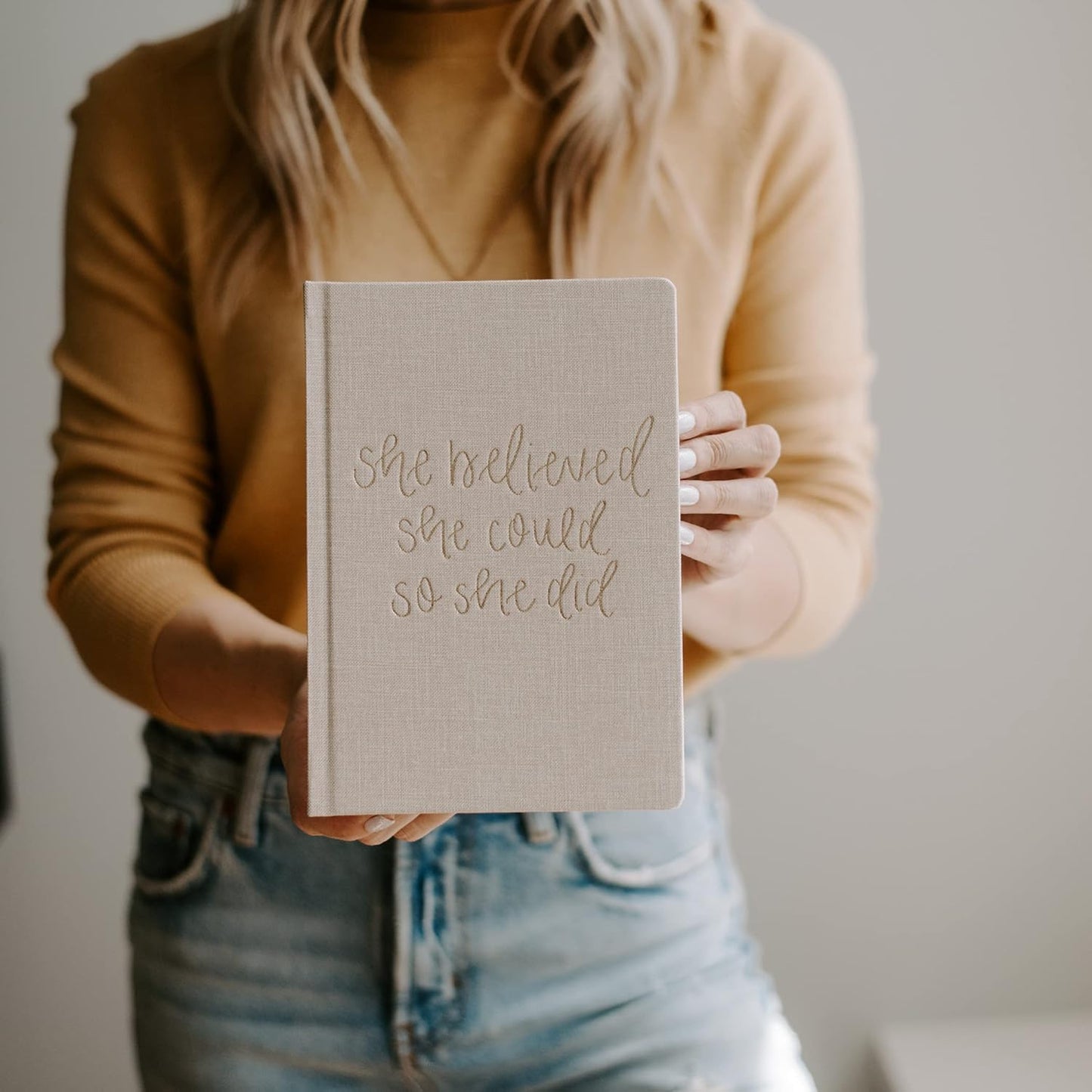 Sweet Water Decor Cute Motivational Lined Composition Notebook for Women, 100 Ruled Pages for Writing, Diary with Fabric Inspirational Cover (Tan She Believed She Could)