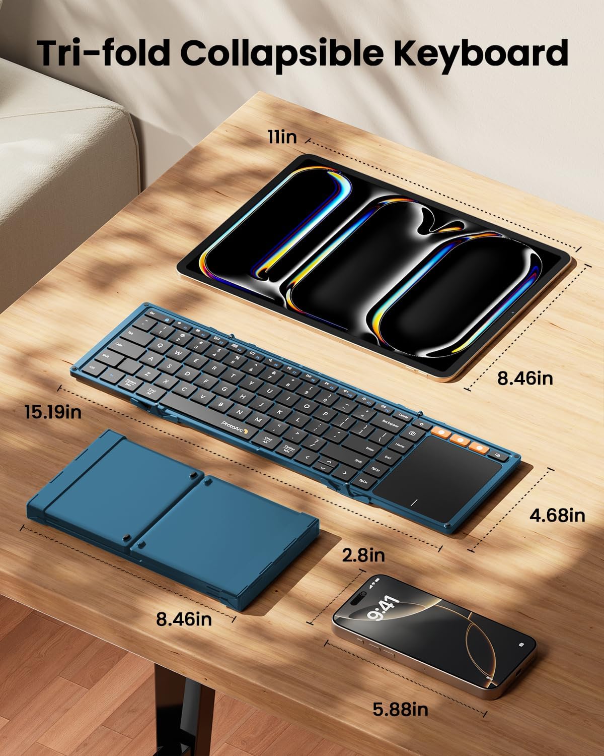 ProtoArc Foldable Keyboard with Touchpad, XK01 TP Folding Portable Keyboard, Full Size Keys, Large Trackpad Bluetooth Travel Keyboards for iPad Laptop PC Tablets - Blue
