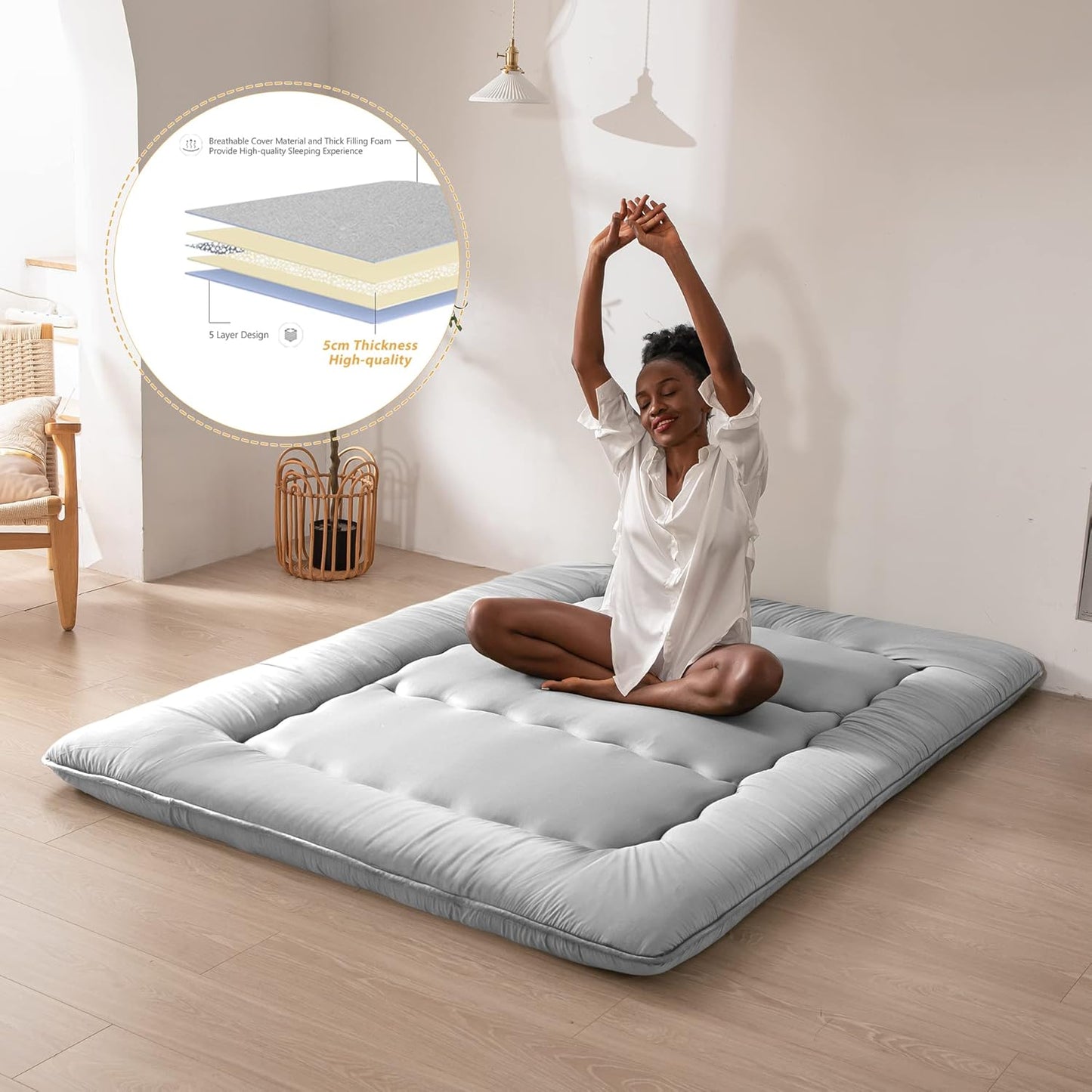 MAXYOYO Japanese Floor Mattress Futon Mattress, Thicken Daybed Sleeping Pad Foldable Roll Up Boys Girls Dormitory Kids Lounger Bed Couch and Sofa, Grey, Full