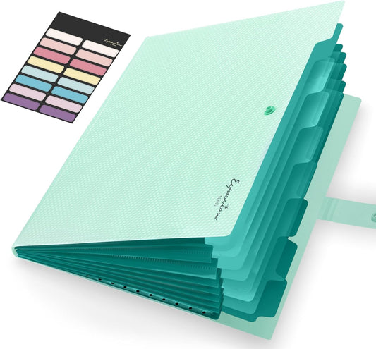 Sooez Accordion File Organizer, 8 Pocket Expanding File Folder with Labels, Letter Size Folders for Documents, Portable Paper Bill Receipt Organizer for Home School Office Supplies, Green