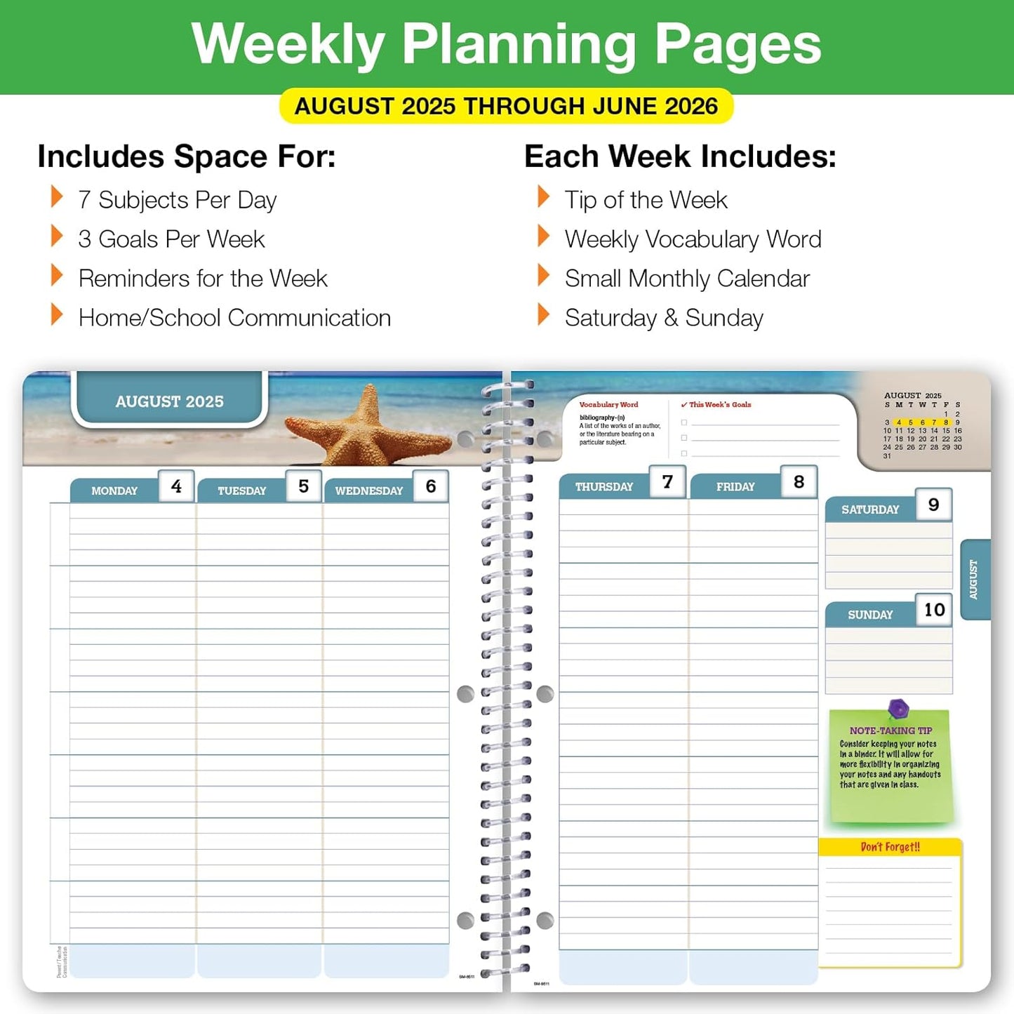 Global Datebooks Dated Middle School or High School Student Planner for Academic Year 2025-2026 Includes Ruler/Bookmark and Planning Stickers (Matrix Style - 8.5"x11" - Triple Stripe)